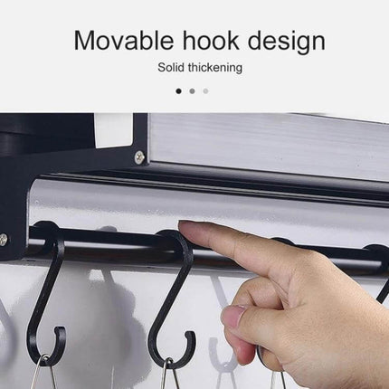 50cm Wall Mount Kitchen Seasoning Rack for Spices and Bottles with movable S-shaped hooks showing aluminum wall-mounted rail