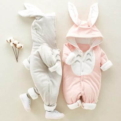 Soft Cotton Baby Jumpsuit for Comfortable Everyday Wear - pink and gray bunny-eared 100% cotton infant jumpsuits for playtime, naps, outings