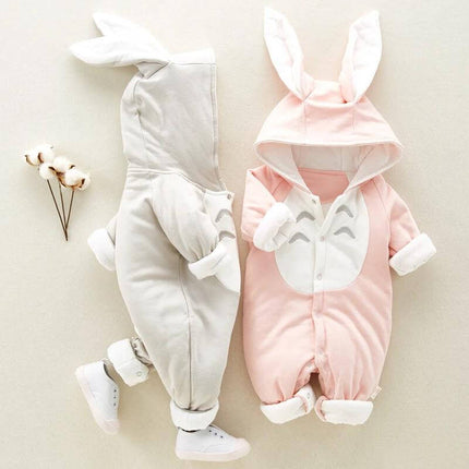 Soft Cotton Baby Jumpsuit for Comfortable Everyday Wear - 100% cotton pink and gray bunny-hooded infant romper for playtime, naps, outings