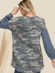 Celeste Full Size Camo Print High-Low T-Shirt with Stripe Sleeves