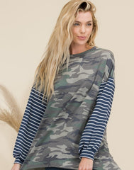 Celeste Full Size Camo Print High-Low T-Shirt with Stripe Sleeves