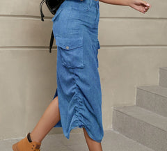 Drawstring Ruched Slit Denim Midi Skirt