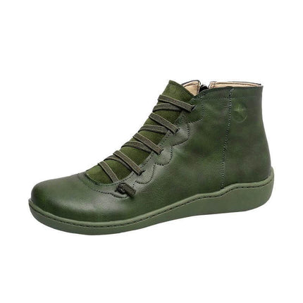 Women's Casual High Top Short Boots With Low Heel Round Toe in olive green leather-look with side zipper and low wedge sole