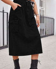 Slit Buttoned Denim Skirt with Pockets