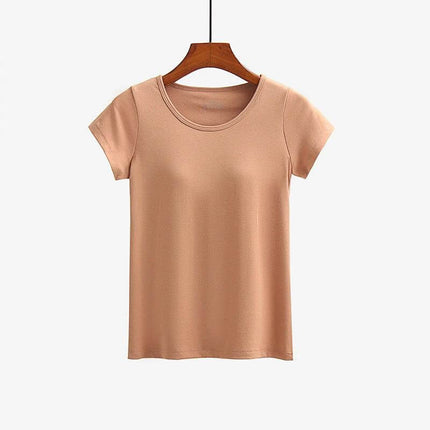 Women's Comfortable Short-Sleeved T-Shirt with Built-in Chest Pad beige viscose breathable casual summer tee on hanger