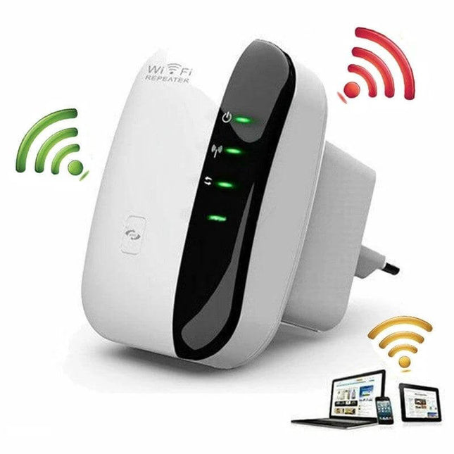 Compact Home WiFi Range Extender For Better Coverage white plug-in repeater with LED indicators and Ethernet port boosting 2.4GHz signal