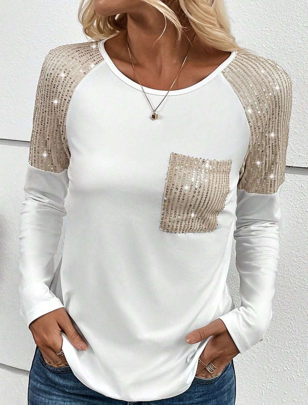 Sequin Round Neck Long Sleeve T-Shirt