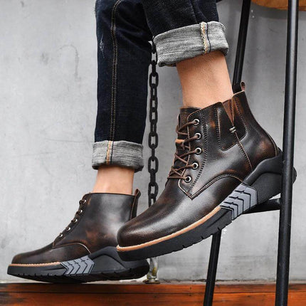 Men's Leather Wedge Martin Boots For Casual Winter Wear brown cowhide leather wedge heel lace-up boots on model