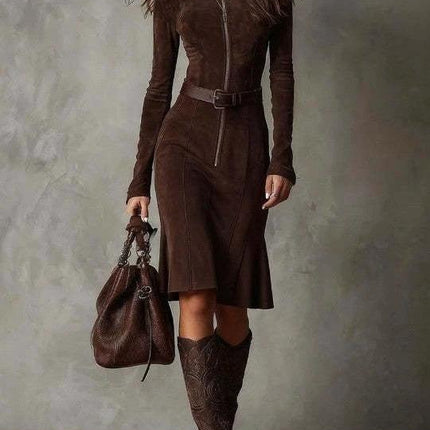 Casual Dark Coffee Zip-Front Lapel Dress with Trumpet silhouette in suede velvet, zip-front and belted waist styled with matching boots and bag