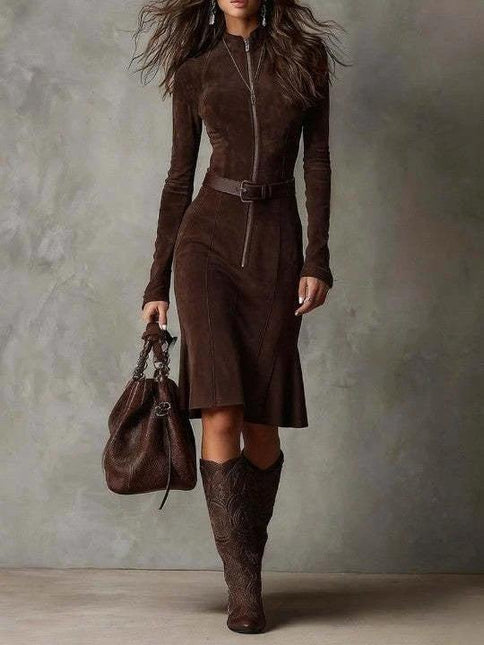 Casual Dark Coffee Zip-Front Lapel Dress with Trumpet silhouette in suede velvet, zip-front and belted waist styled with matching boots and bag