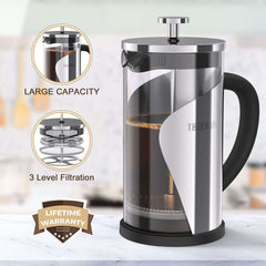 TBGENIUS 600ml French Press Coffee Maker with 3 Level Filtration, Stainless Steel Design, Large Capacity, Lifetime Warranty Badge