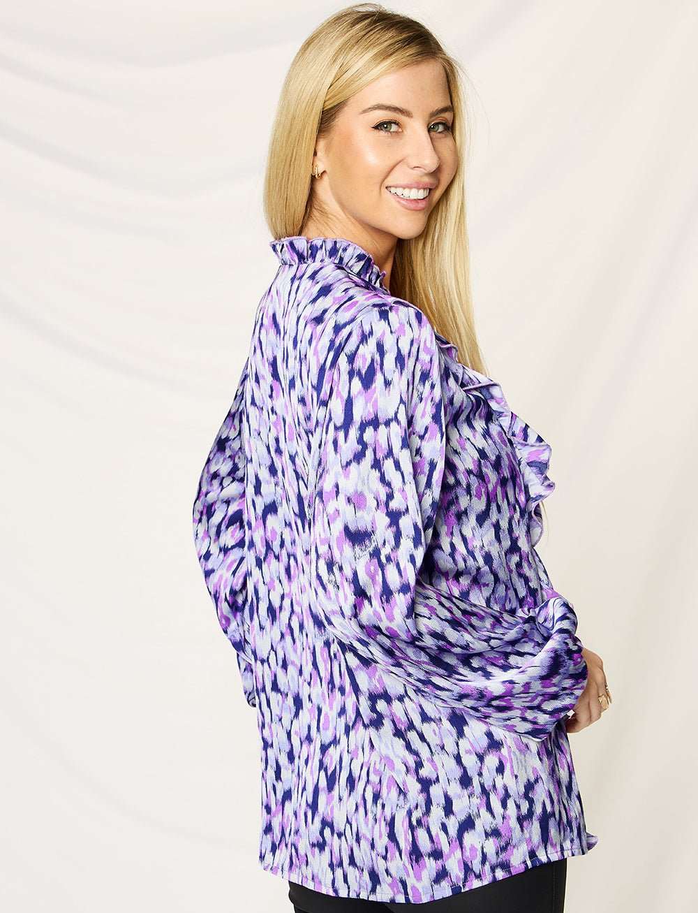 Printed Ruffle Trim Balloon Sleeve Blouse in Full Size