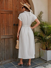 Elegant Cotton Midi Shirt Dress with Flattering Knotted Waist Detail