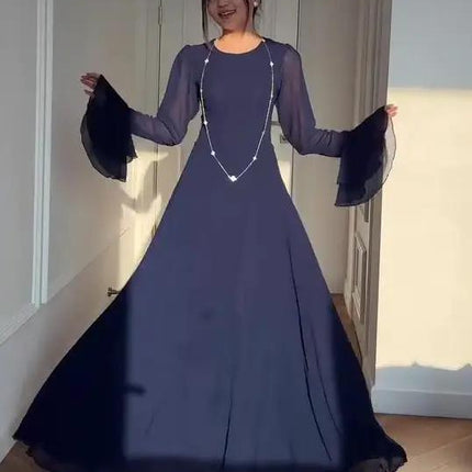 Navy Blue Trumpet Sleeve Tie Maxi Dress For Everyday Wear