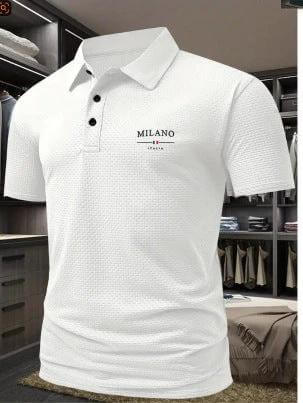 Men's Solid Color Short-Sleeved Lapel Polo Shirt for Casual Wear - white pinhole cloth polo with Milano logo, short sleeves, casual everyday styling