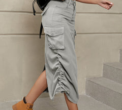 Drawstring Ruched Slit Denim Midi Skirt