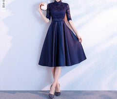 Sophisticated Long Sleeve Versatile Business and Evening Dress Stand up collar navy midlengt