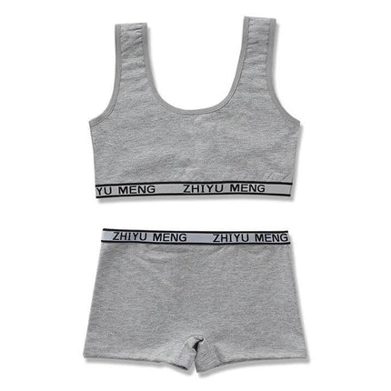 Comfortable Pure Cotton Underwear Set for Children Aged 7-14 gray vest-style bra and matching shorts, 100% cotton breathable everyday set