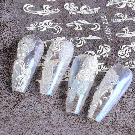 5D Rose Pattern Embossed Nail Art Stickers For Easy Manicure on iridescent long coffin nails with white 3D rose texture