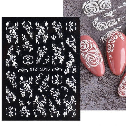 5D Rose Pattern Embossed Nail Art Stickers For Easy Manicure sheet showing white embossed rose designs on black backing and applied on pink nails