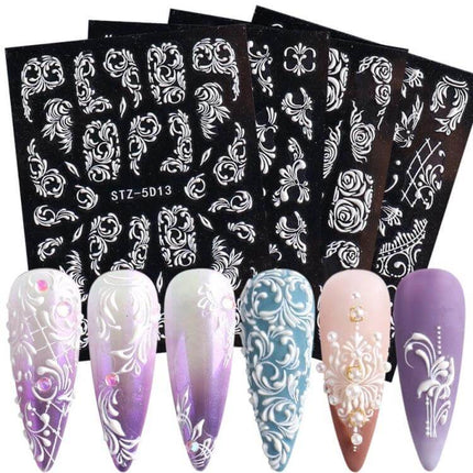 5D Rose Pattern Embossed Nail Art Stickers For Easy Manicure white embossed rose nail decals on black sheets with applied 3D manicure examples