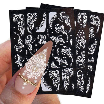 5D Rose Pattern Embossed Nail Art Stickers For Easy Manicure - embossed white rose nail decals on black sheets with applied 3D floral design