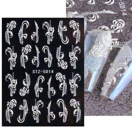5D Rose Pattern Embossed Nail Art Stickers For Easy Manicure white embossed floral nail decals on black sheet and applied on glitter nails
