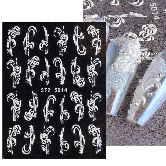 5D Rose Pattern Embossed Nail Art Stickers For Easy Manicure sheet showing white embossed 5D rose pattern designs on black backing and applied on glitter nails
