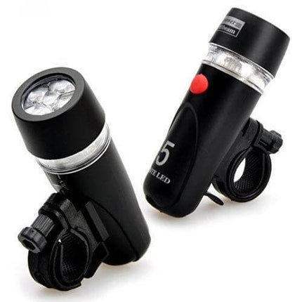 5 LED Water Resistant Bike Front Headlight and Rear Flashlight - black dual set with handlebar and rear mounts, waterproof gasket, daytime and night visibility