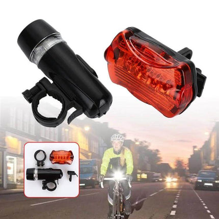 5 LED Water Resistant Bike Front Headlight and Rear Flashlight - dual front headlight and red rear taillight set with handlebar and frame mounts