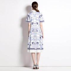 Chic Printed Mid-Length Dress with Slim Collar and Short Sleeves