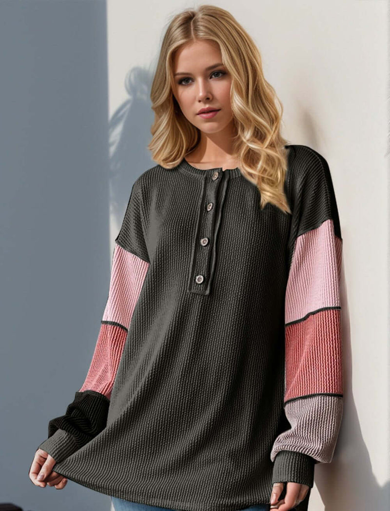 Double Take Full Size Color Block Round Neck Long Sleeve T-Shirt