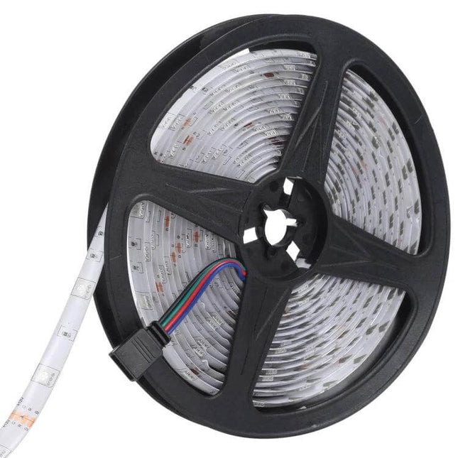 5m Bluetooth RGB LED Light Strip For Indoor Decor At Home rolled reel with 150x5050 RGB LEDs and 12V DC connector for accent lighting