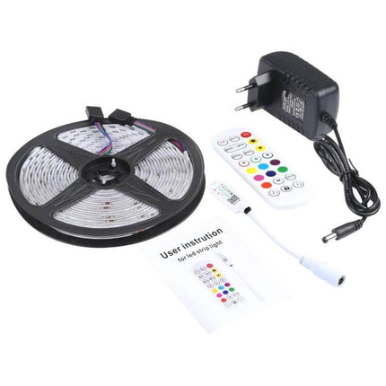 5m Bluetooth RGB LED Light Strip For Indoor Decor At Home — 5m roll kit with 150x5050 RGB LEDs, remote, controller and 12V power adapter for living room accents