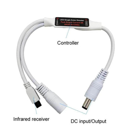 6-Button DC Controller Infrared Dimmer For LED Strips, compact single-color IR dimmer with DC input/output and infrared receiver