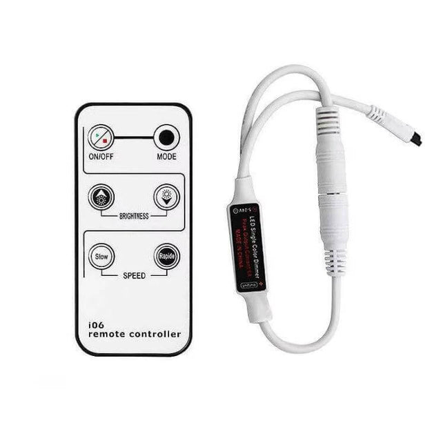 6-Button DC Controller Infrared Dimmer For LED Strips compact remote and inline DC connector for single-color LED strip dimming