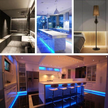 6-Button DC Controller Infrared Dimmer For LED Strips controlling blue under-cabinet and accent LED strip lighting in modern kitchen and bath