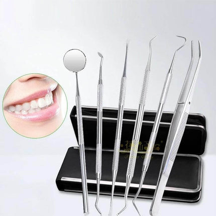 6 In 1 Dental Tool Set Stainless Steel For Daily Home Dental Care – stainless steel instruments with mirror, scaler, probe, tweezer and case for home oral hygiene