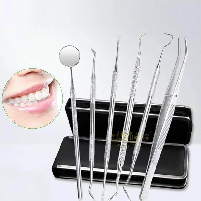 6 In 1 Dental Tool Set Stainless Steel For Daily Home Dental Care – stainless steel instruments with mirror, scaler, probe, tweezer and case for home oral hygiene