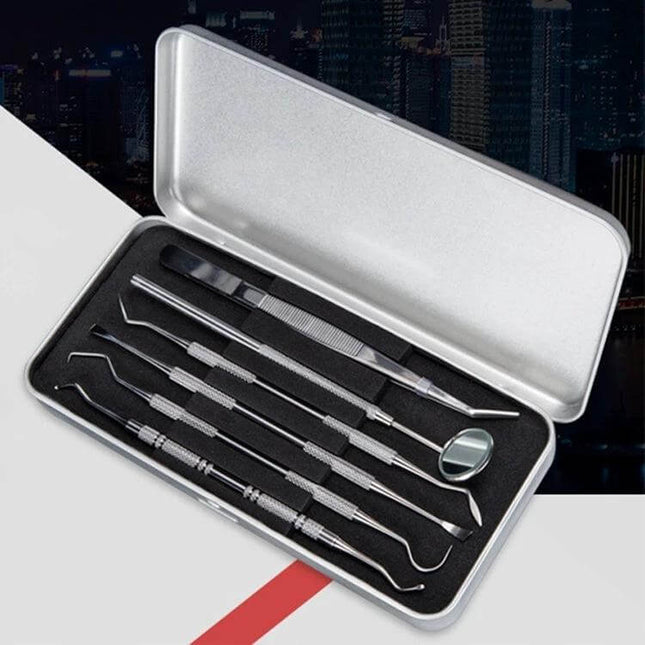 6 In 1 Dental Tool Set Stainless Steel For Daily Home Dental Care - compact stainless steel kit with mirror, scaler, pick, tweezer in metal case