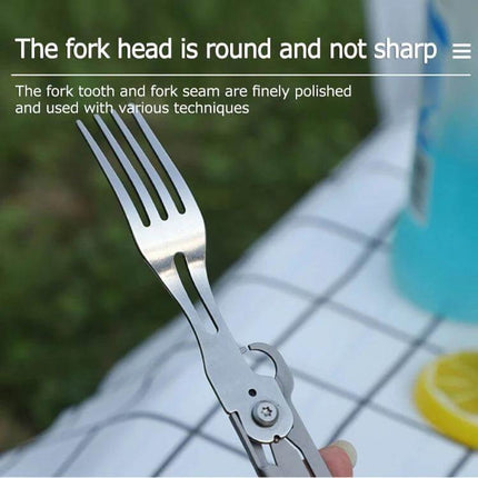 6 In 1 Folding Tableware Set Detachable Utensils For Outdoor Camping stainless steel folding fork detachable utensil kit shown