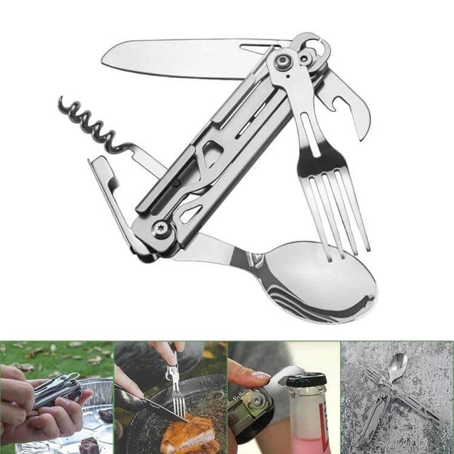 6 In 1 Folding Tableware Set Detachable Utensils For Outdoor Camping stainless steel multi-tool with knife fork spoon corkscrew and bottle opener