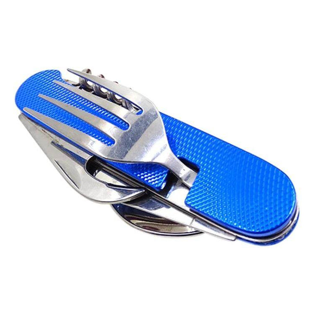 6-In-1 Stainless Steel Travel Folding Cutlery Set For Camping Meals - compact blue folding stainless steel spoon fork knife bottle opener for travel and camping
