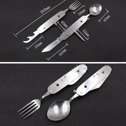 6-In-1 Stainless Steel Travel Folding Cutlery Set For Camping Meals - compact folding spoon, fork, knife and bottle opener in durable stainless steel