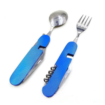 6-In-1 Stainless Steel Travel Folding Cutlery Set For Camping Meals - blue folding spoon and fork multi-tool with corkscrew and bottle opener
