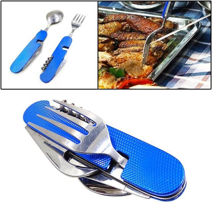 6-In-1 Stainless Steel Travel Folding Cutlery Set For Camping Meals - compact blue folding spoon fork knife bottle opener for camping and travel