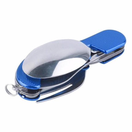 6-In-1 Stainless Steel Travel Folding Cutlery Set For Camping Meals compact blue folding spoon fork knife bottle opener durable stainless steel