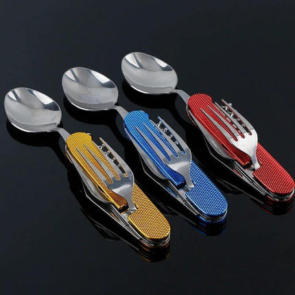 6-In-1 Stainless Steel Travel Folding Cutlery Set For Camping Meals - compact folding spoon fork knife bottle opener in red blue yellow