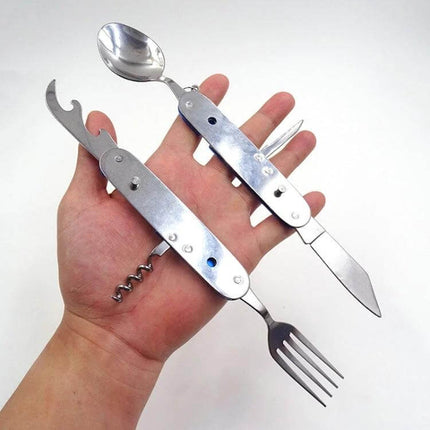 6-In-1 Stainless Steel Travel Folding Cutlery Set For Camping Meals - compact folding spoon fork knife corkscrew bottle opener in hand