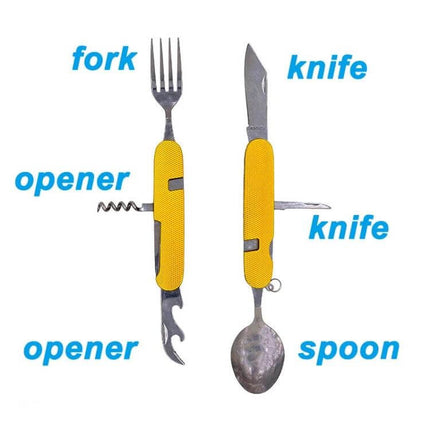 6-In-1 Stainless Steel Travel Folding Cutlery Set For Camping Meals - compact yellow folding spoon fork knife bottle opener for camping and travel